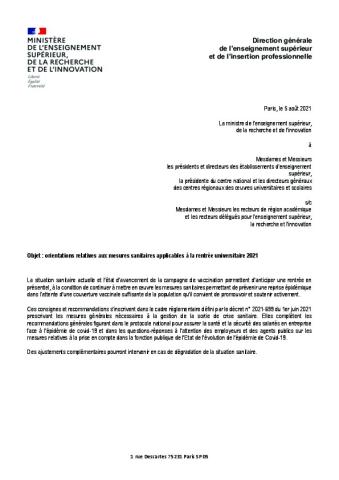 Orientations relatives aux mesures sanitaires applicables à la rentrée universitaire 2021 - Circulaire du MESRI, 5 août 2021