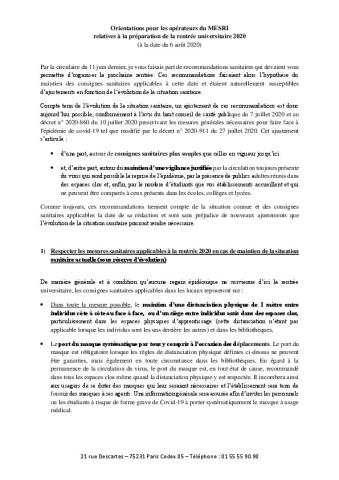 Circulaire ministérielle pour la rentrée universitaire 2020 - 6 août 2020