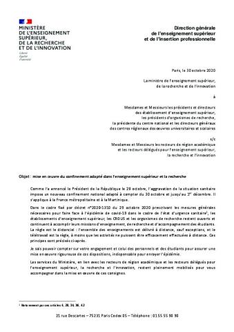 Circulaire MESRI "reconfinement"  du 30 octobre 2020