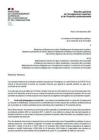 Circulaire sanitaire du 29 décembre 2021 - Direction générale de l’enseignement supérieur et de l’insertion professionnelle