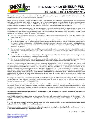 INTERVENTION DU SNESUP-FSU AU CNESER DU 14 DECEMBRE 2017