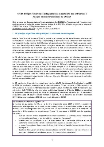 CNESER Permanent du 16 avril 2019 - CIR et aide publique à la recherche des entreprises - Analyse et recommandations du CNESER