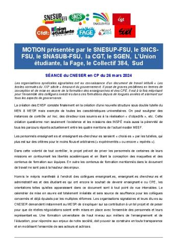 Motion intersyndicale présentée au CNESER en CP du 26 mars 2024