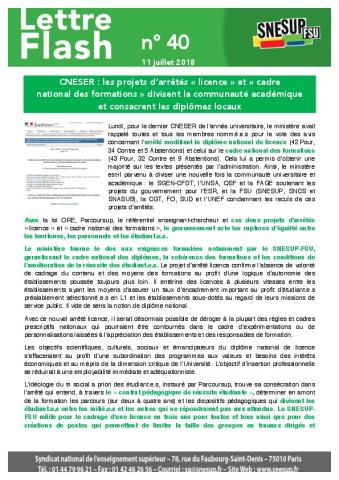 CNESER : les projets d’arrêtés « licence » et « cadre national des formations » divisent la communauté académique et consacrent les diplômes locaux - Lettre Flash n° 40