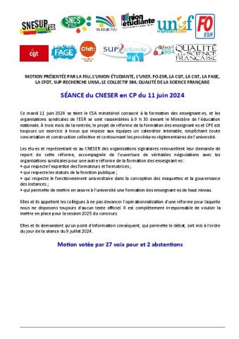 MOTION PRÉSENTÉE PAR LA FSU, L’UNION ÉTUDIANTE, L’UNEF, FO-ESR, LA CGT, LA CGT, LA FAGE,  LA CFDT, SUP-RECHERCHE UNSA, LE COLLECTIF 384...