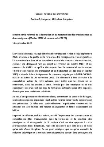 Motion de la 9e section du CNU (Langue et littérature françaises) sur la réforme de la formation et du recrutement des enseignantes et des enseignants 