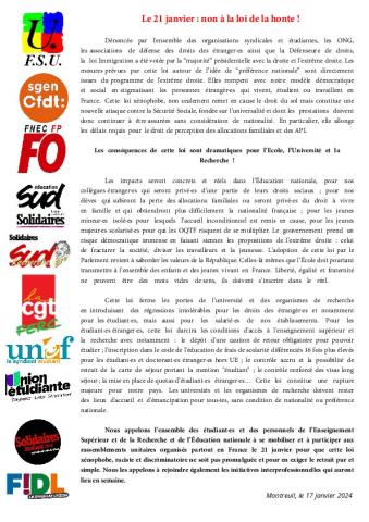 Le 21 janvier : non à la loi de la honte ! - Communiqué interfédéral  du 17 janvier 2024
