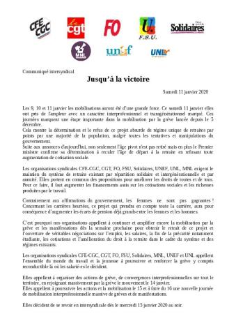Jusqu'à la victoire ! - Communiqué intersyndical du 11 janvier 2020