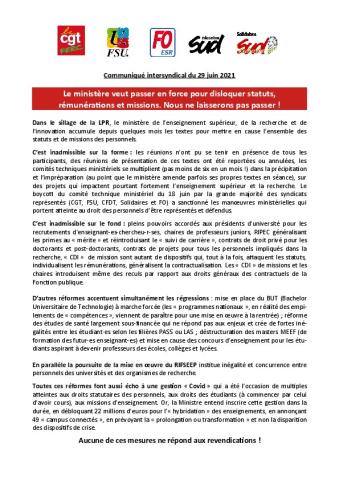 Le ministère veut passer en force pour disloquer statuts, rémunérations et missions. Nous ne laisserons pas passer ! - Communiqué intersyndical du 29 juin 2021