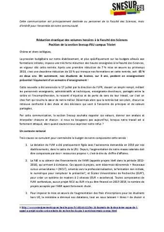 Université de Montpellier : Réduction drastique des volumes horaires à la Faculté des Sciences - Position de la section SNESUP-FSU campus Triolet, 6 septembre 2019
