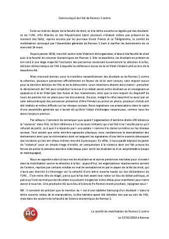 Communiqué de l'AG de l'université de Rennes 1 sur les évenements du mercredi 14 mars 2018