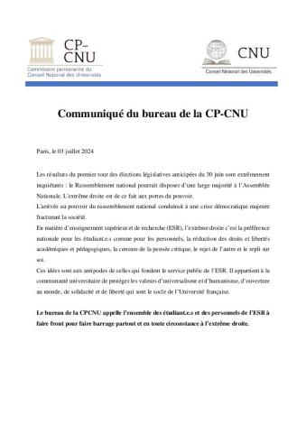 faire barrage à l'extrême droite : communiqué de la CP-CNU du 3 juillet 2024