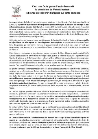 Communiqué du Collectif national pour une paix juste et durable entre Palestiniens et Israéliens - 18 février 2026
