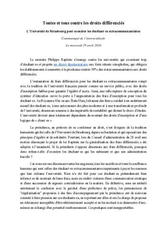 UNIVERSITE STRASBOURG - Toutes et tous contre les droits différenciés - Communiqué intersyndical du 29 avril 2026