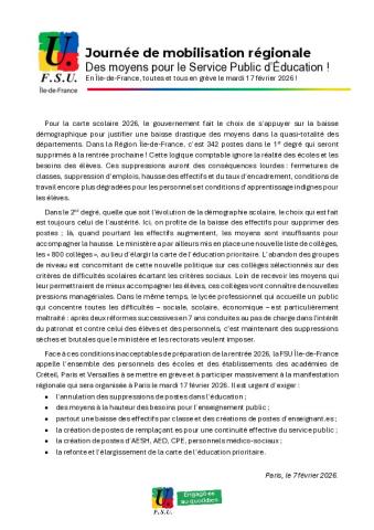 Journée de mobilisation régionale du 17 février 2026 : Des moyens pour le Service Public d’Éducation ! - Communiqué FSU 