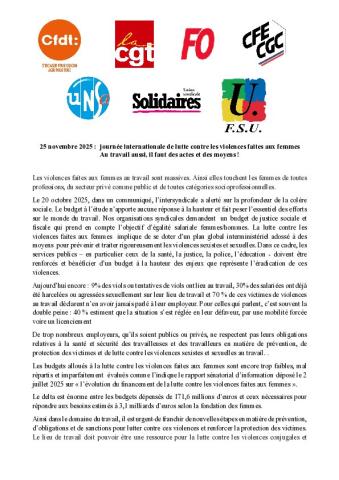 25 novembre 2025 : journée internationale de lutte contre les violences faites aux femmes Au travail aussi, il faut des actes et des moyens ! - Communiqué intersyndical