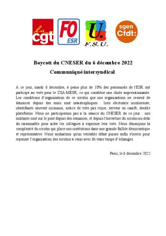 Boycott du CNESER du 6 décembre 2022 - Communiqué intersyndical du 6 décembre 2022