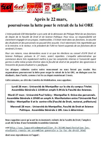 Tract de l'intersyndicale de l'université de Montpellier du lundi 26 mars pour le retrait de la loi ORE