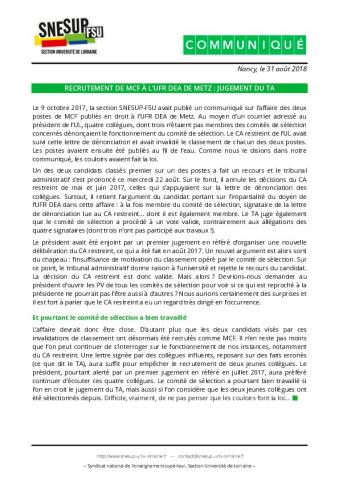 Université de Lorraine : Jugement du tribunal administratif sur le recrutement de MCF à l’UFR DEA de Metz - Communiqué