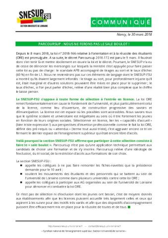 Université de Lorraine : « PARCOURSUP : NOUS NE FERONS PAS LE SALE BOULOT ! » Communiqué de la section SNESUP-FSU