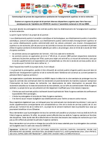 Communiqué intersyndical ESR sur le projet de loi « portant diverses dispositions urgentes pour faire face à l'épidémie de covid-19 » soumis à l’assemblée nationale le 14 mai 2020