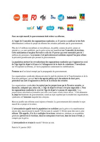 Face au rejet massif, le gouvernement doit retirer sa réforme. - communiqué interprofessionnel du 31 janvier 2023
