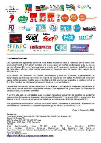 Pour une recherche libre - Communiqué commun  LDH du 9 novembre 2020