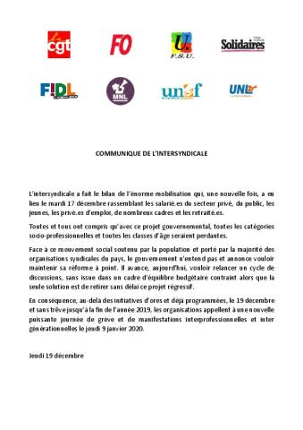 Dès maintenant préparons le 9 janvier! - Communiqué de l'intersyndicale du jeudi 19 décembre 2019
