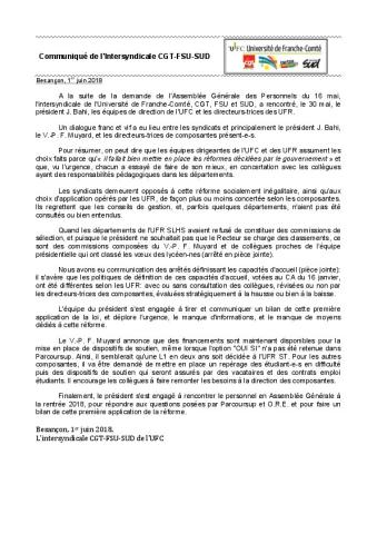 Université de Franche-Comté : Rencontre avec la présidente - Communiqué de l'Intersyndicale CGT-FSU-SUD, 1er juin 2018