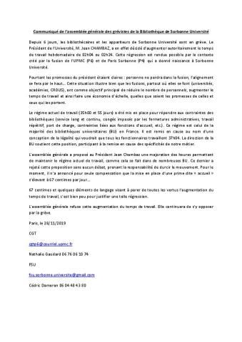 Soutien à la mobilisation des bibliothécaires de Sorbonne Université - Communiqué de la section SNESUP-FSU de Sorbonne Université, 29 novembre 2018
