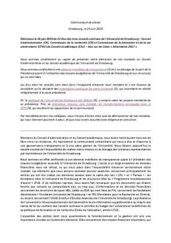 Démission de 23 élus des trois conseils centraux de l’Université de Strasbourg – Communiqué de la section SNESUP-FSU, 24 juin 2020