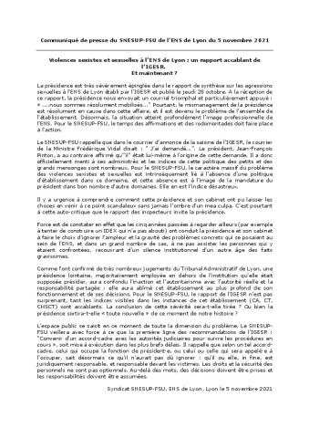 Violences sexistes et sexuelles à l'ENS de Lyon : un rapport accablant de l'IGESR.  Et maintenant ? - Communiqué Snesup-FSU de l'ENS Lyon du 5 novembre 2021