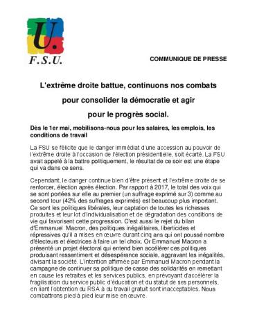 L'extrême droite battue, continuons nos combats pour consolider la démocratie et agir pour le progrès social - communiqué FSU du 24 avril 2022