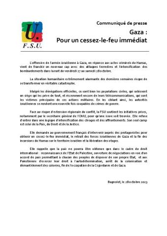 Gaza : Pour un cessez-le-feu immédiat - Communiqué de presse FSU du 28 octobre 2023