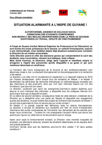 SITUATION ALARMANTE A L'INSPE DE GUYANE ! - Communiqué de presse intersyndical de l'Université de Guyane, 4 février 2021