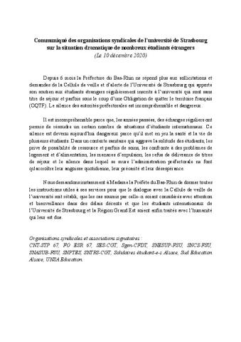 Université de Strasbourg : Communiqué des organisations syndicales sur la situation dramatique de nombreux étudiants étrangers - 10 décembre 2020