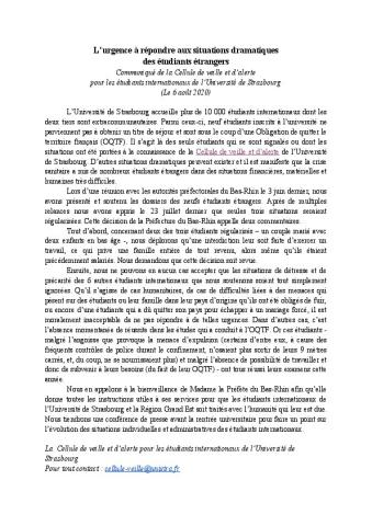 L’urgence à répondre aux situations dramatiques des étudiants étrangers - CP de la Cellule de veille et d’alerte pour les étudiants internationaux de l’Université de Strasbourg, 6 août 2020
