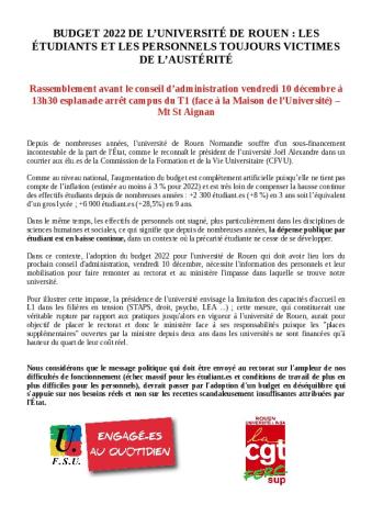 Budget 2022 de l’université de Rouen : Les étudiants et les personnels toujours victimes de l’austérité - CP FSU-CGT de l'université de Rouen, 8 décembre 2021