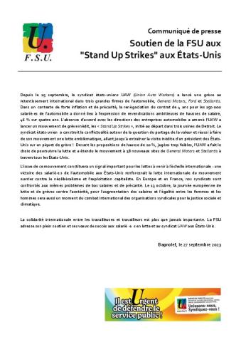 Soutien de la FSU aux "Stand Up Strikes" aux États-Unis - Communiqué de presse FSU du 27 septembre 2023