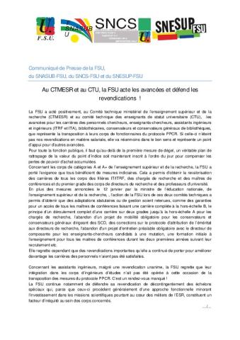 Protocole PPCR : au CTMESR et au CTU, la FSU acte les avancées et défend les revendications !