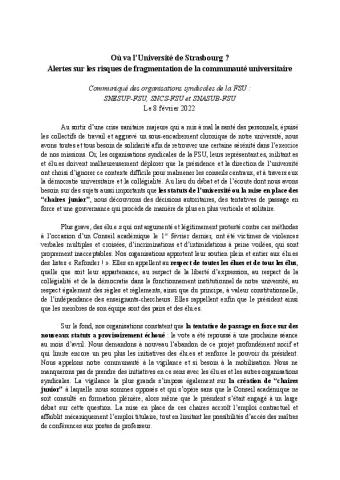 Où va l’Université de Strasbourg ? Alertes sur les risques de fragmentation de la communauté universitaire - CP de la FSU de l'Université de Strasbourg, 8 février 2022