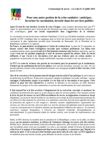 Pour une autre gestion de la crise sanitaire : anticiper, favoriser la vaccination, investir dans les services publics - Communiqué de presse de la FSU 21 juillet 2021