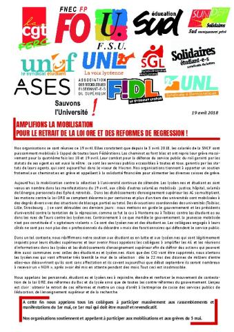 Amplifions la mobilisation ! Pour le retrait de la loi ORE et des réformes de régression - Communiqué interfédéral, 19 avril 2018
