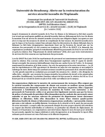 Université de Strasbourg : Alerte sur la restructuration du service sécurité incendie de l'Esplanade - Communiqué intersyndical, 2 octobre 2018