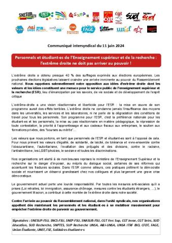 Personnels et étudiant·es de l’Enseignement supérieur et de la recherche : l’extrême droite ne doit pas arriver au pouvoir ! - Communiqué intersyndical du 11 juin 2024