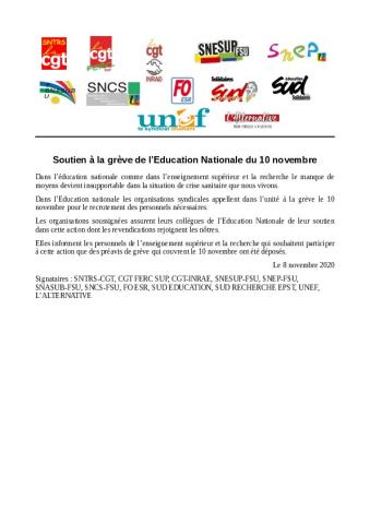 Communiqué intersyndical du 9 novembre 2020 de soutien à la grève du 10 novembre dans l'Education Nationale