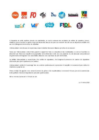 Le 15 mars et après, maintenons la pression ! - Communiqué intersyndical du 11 mars 2023