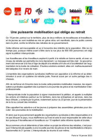 Une puissante mobilisation qui oblige au retrait - Communiqué intersyndical 
