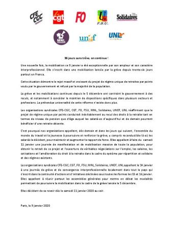 36 jours sans trêve, on continue! Communiqué intersyndical 9 janvier 2020
