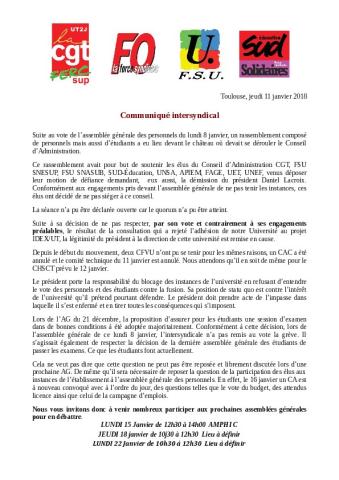 Université de Toulouse Jean Jaurès : Communiqué de l'intersyndicale des personnels CGT-FO-FSU-SUD